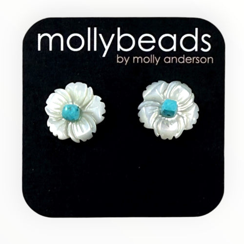 E2303T Pearl flower studs with turquoise accent