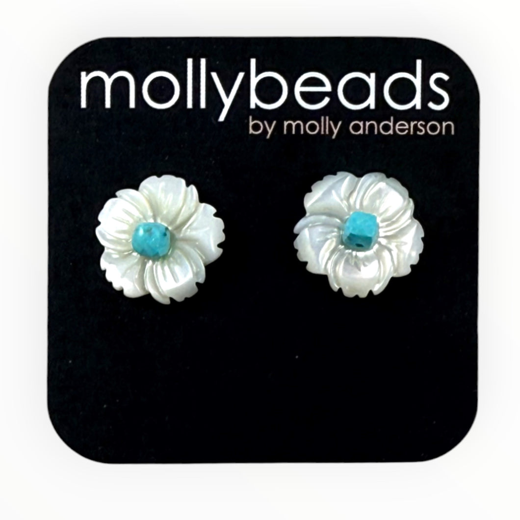 E2303T Pearl flower studs with turquoise accent