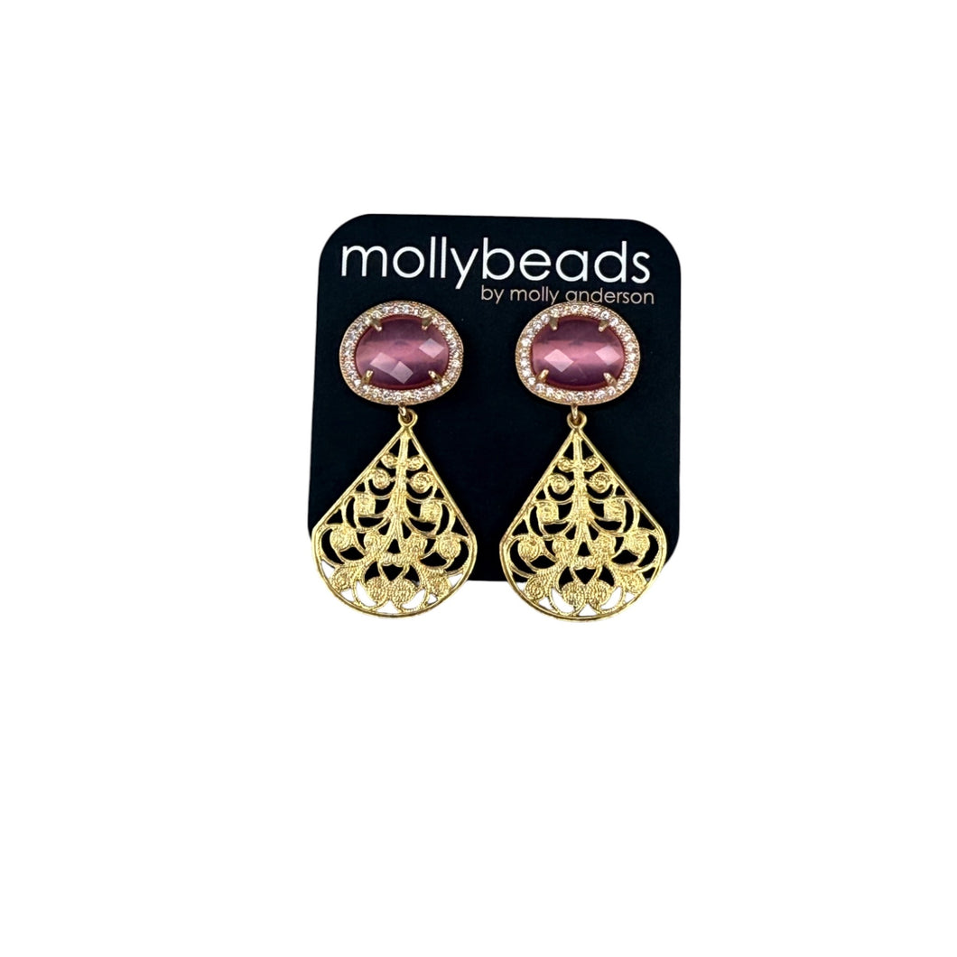 E3342P Gold filigree drop on pink rhinestone stud