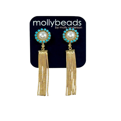 E3351T Pearl and turquoise studs with gold waterfall