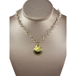 N3871 -Gold shell charm on pearl and gold plated chain
