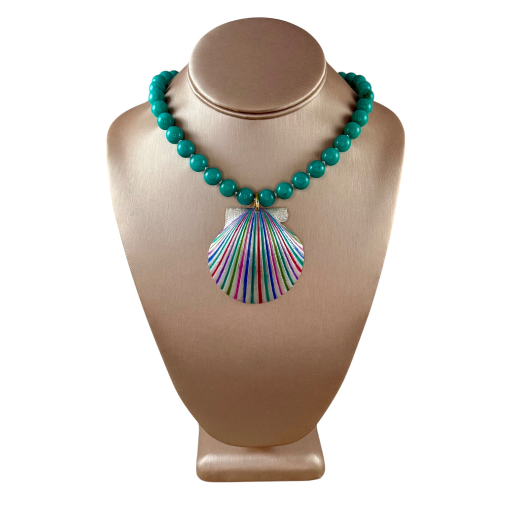 N4074 -Turquoise beads with hand painted shell pendant