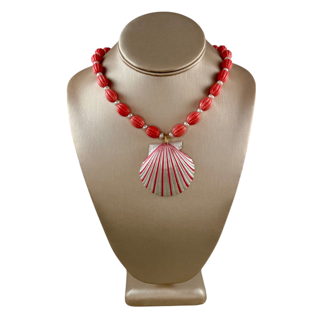 N4073 -Carved coral agate with hand painted shell pendant