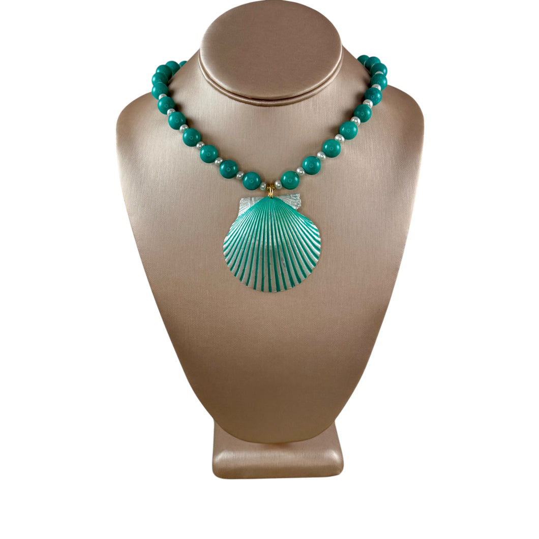 N4075 -Turquoise beads with hand painted shell pendant