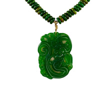 N4085 - Green jade beads with carved asian pendant